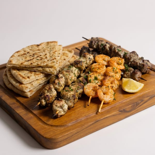 Grilled chicken, shrimp, and beef skewers with pita bread and a lemon wedge on a wooden board.
