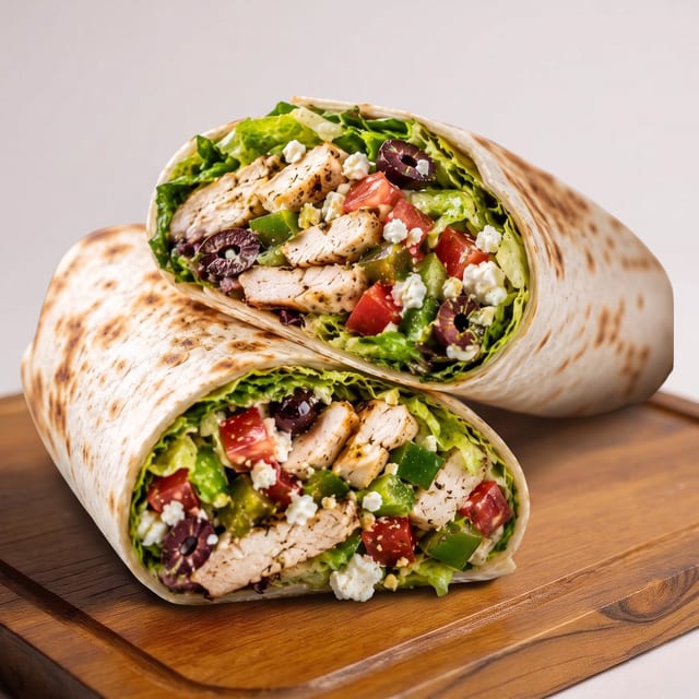 Greek Salad Chicken Wrap.