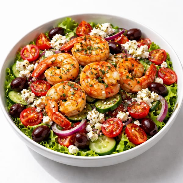 A vibrant shrimp salad with lettuce, tomatoes, cucumbers, olives, red onion, and feta cheese.