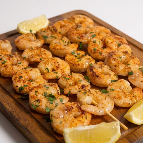 Grilled shrimp skewers seasoned with herbs and spices, served with lemon wedges on a wooden board.