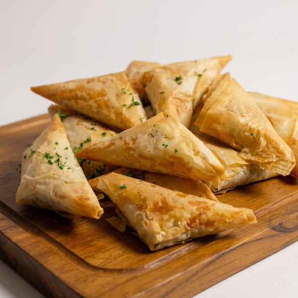 A pile of golden-brown, triangular pastries, garnished with herbs, on a wooden serving board.